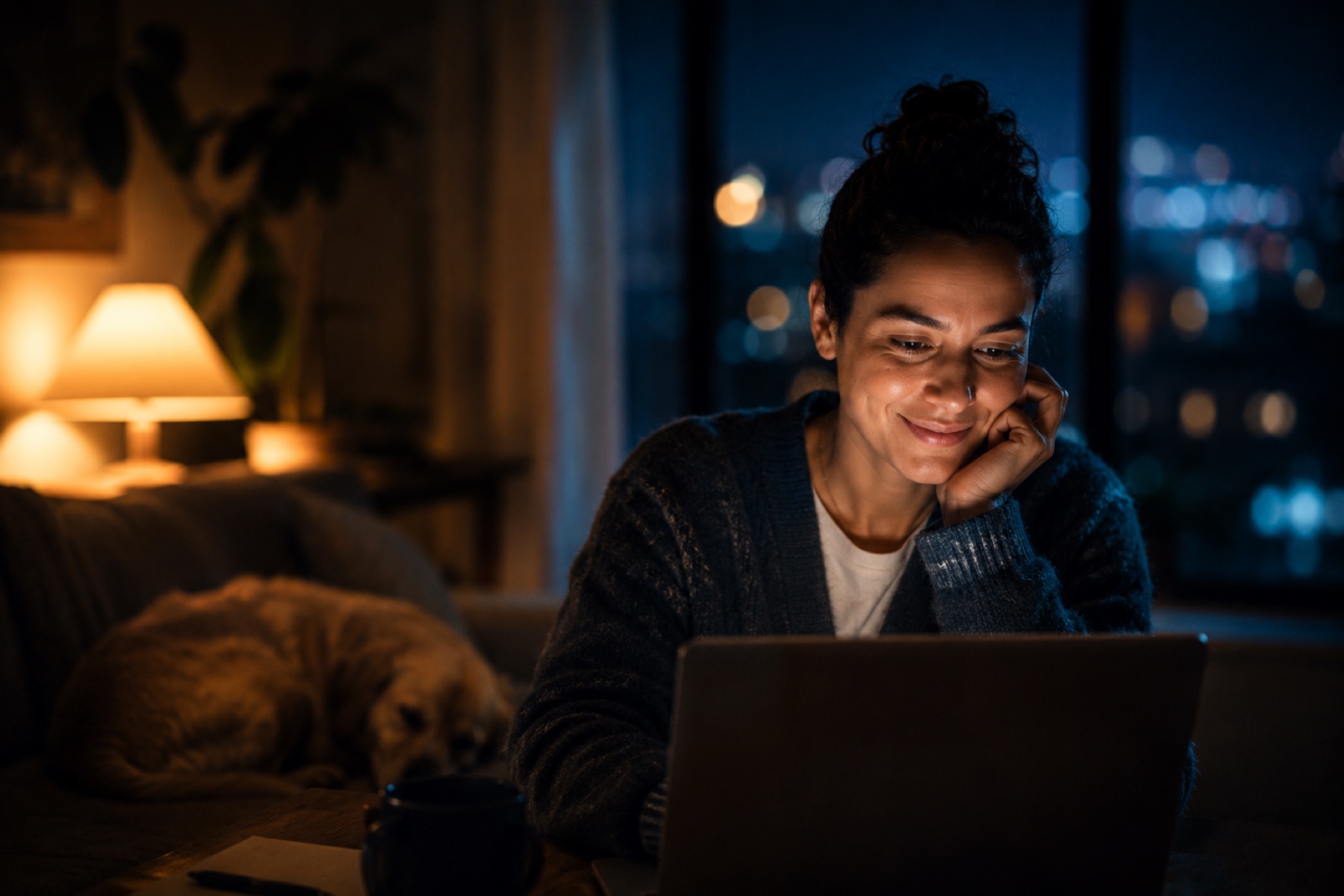 Alguien construyendo tranquila en casa, de noche, acompañada